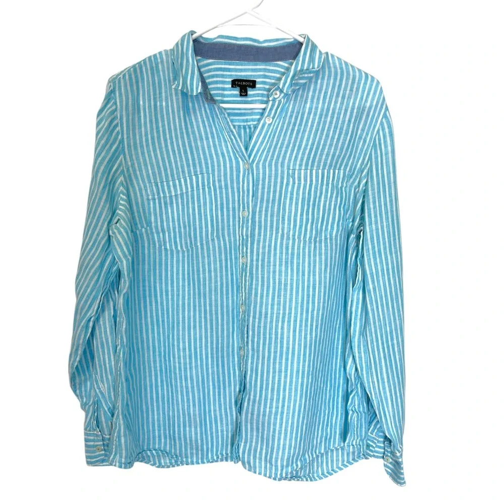 Talbots Large Blue Striped Linen Button Up Shirt Long Sleeve Coastal Preppy - Picture 2 of 8